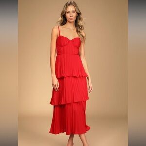 lulus red Tiered Bustier Midi Dress
